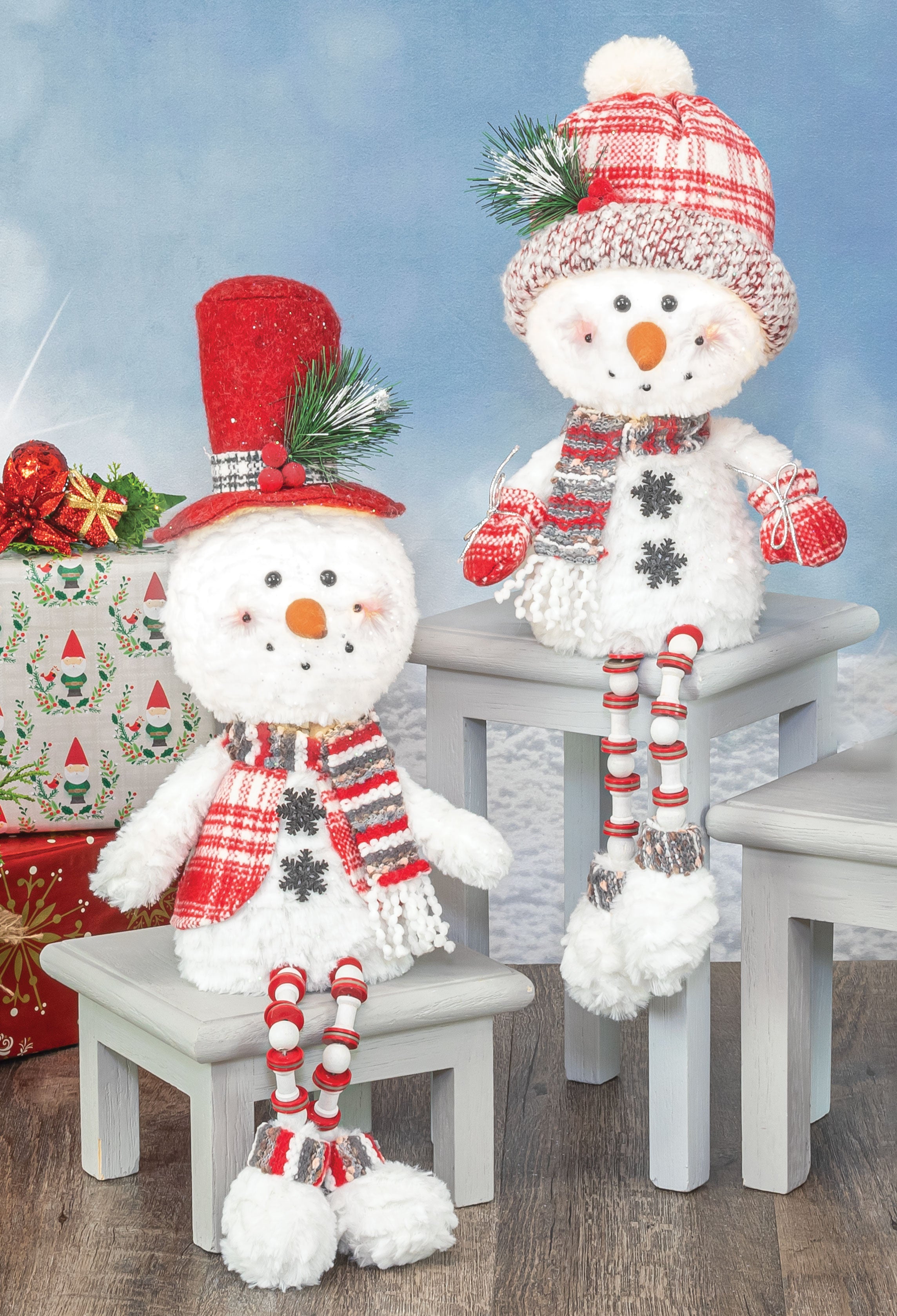 Jolly Crimson Bobble Snowman Button Legs Set of 2