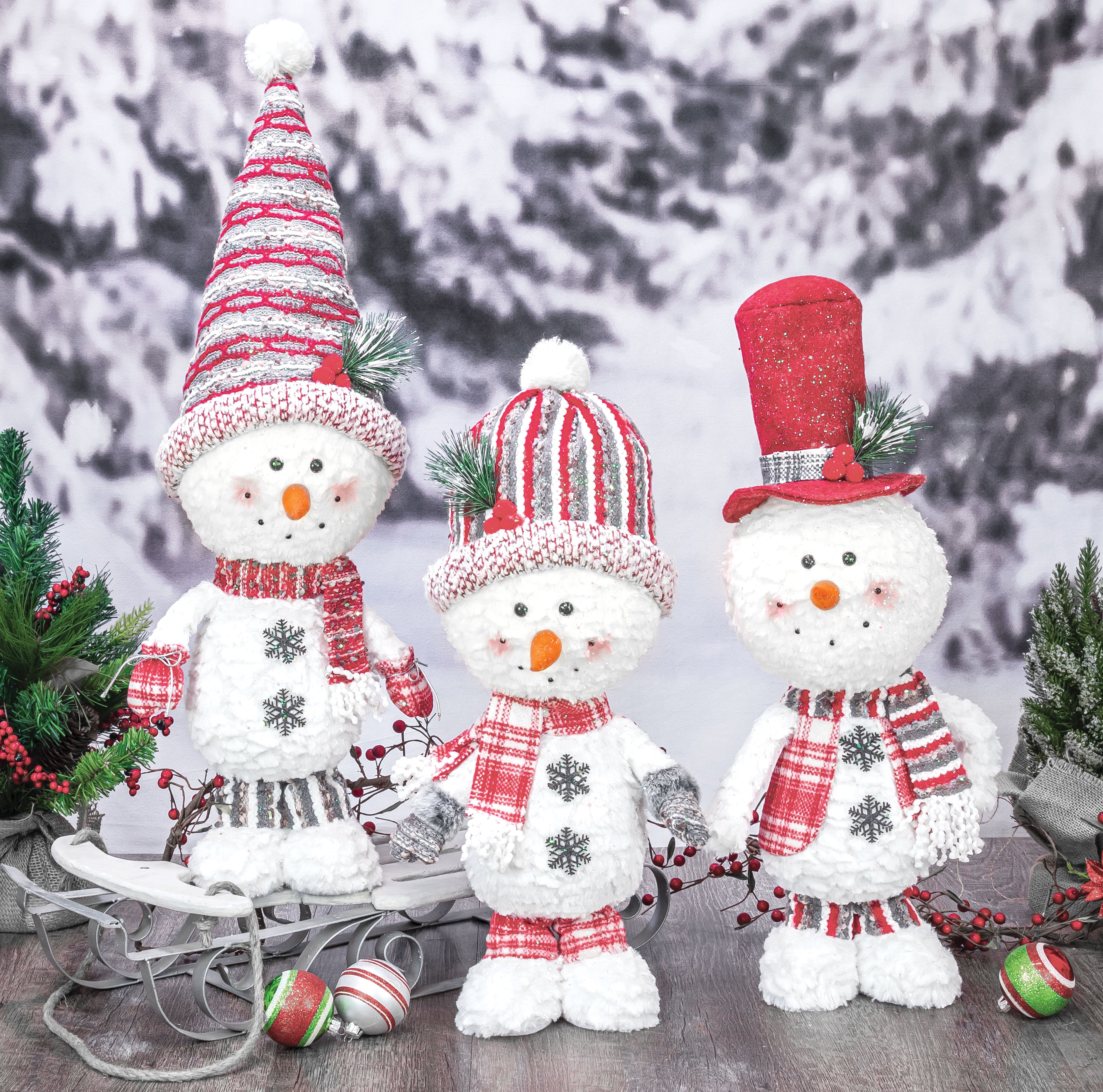 Jolly Crimson Snowman Bobble Standers Set of 3