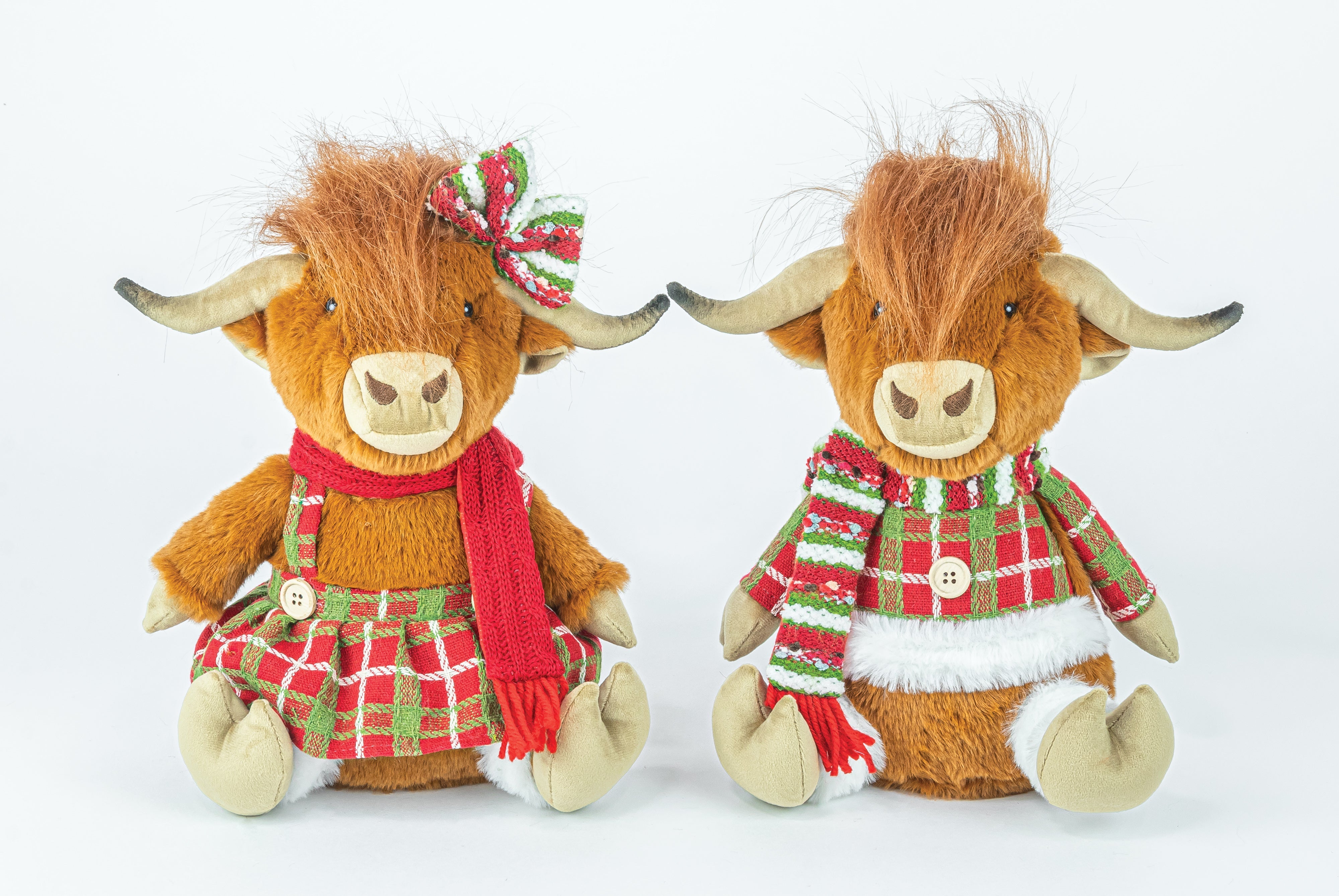 Plush Highland Cow Sitter Duo with Christmas Outfit Decoration