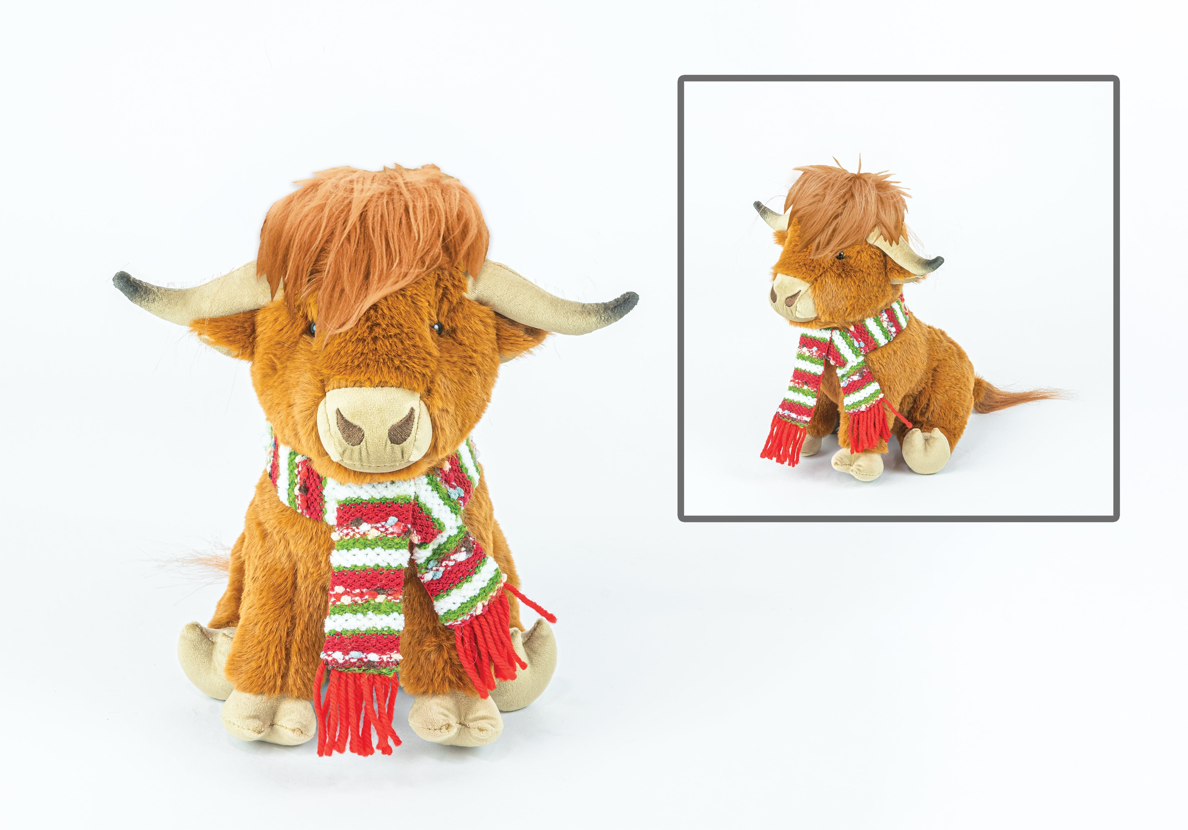 Plush Highland Cow Sitter with Christmas Scarf Decoration