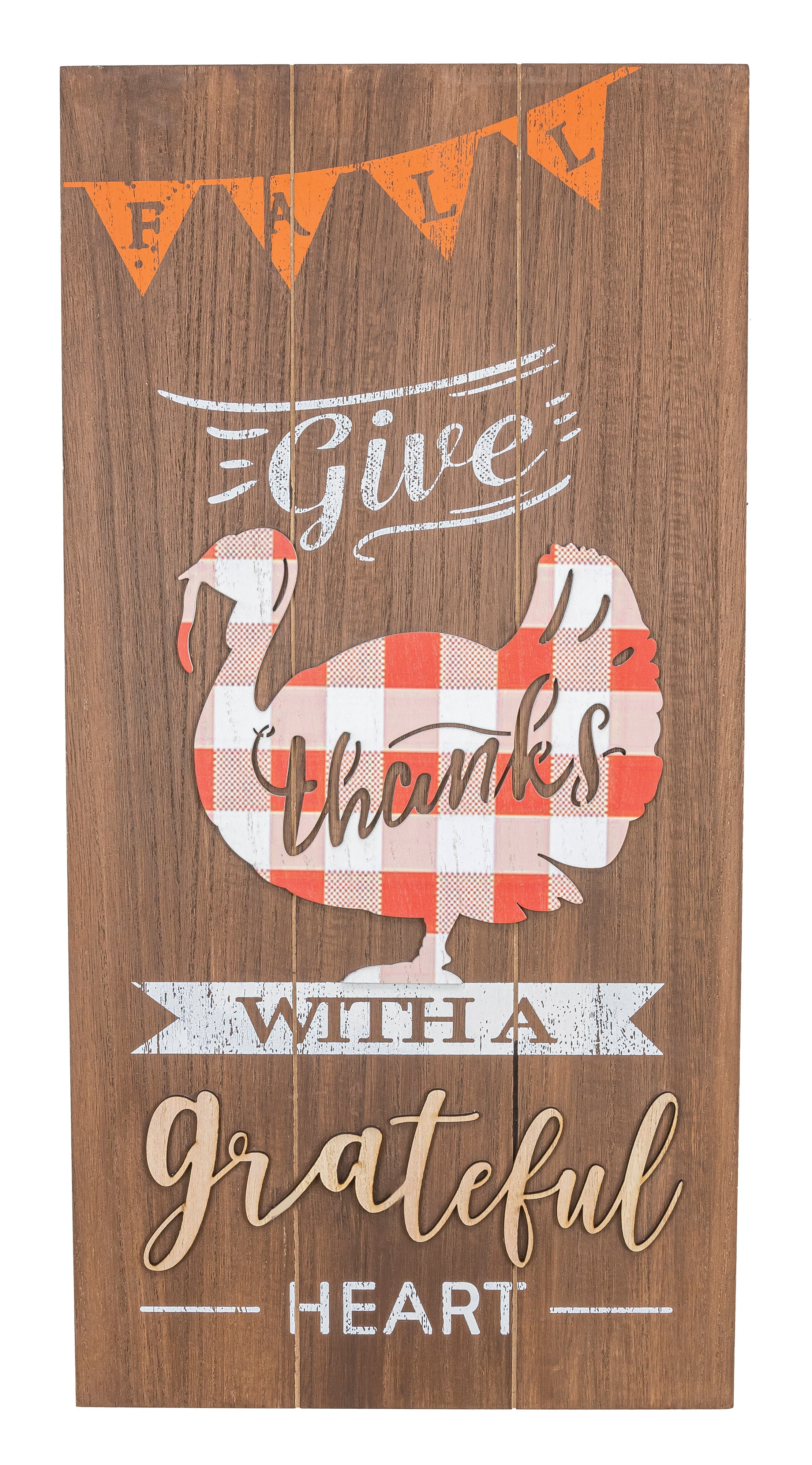 Grateful Heart Plaid Give Thanks Turkey Hanging Sign