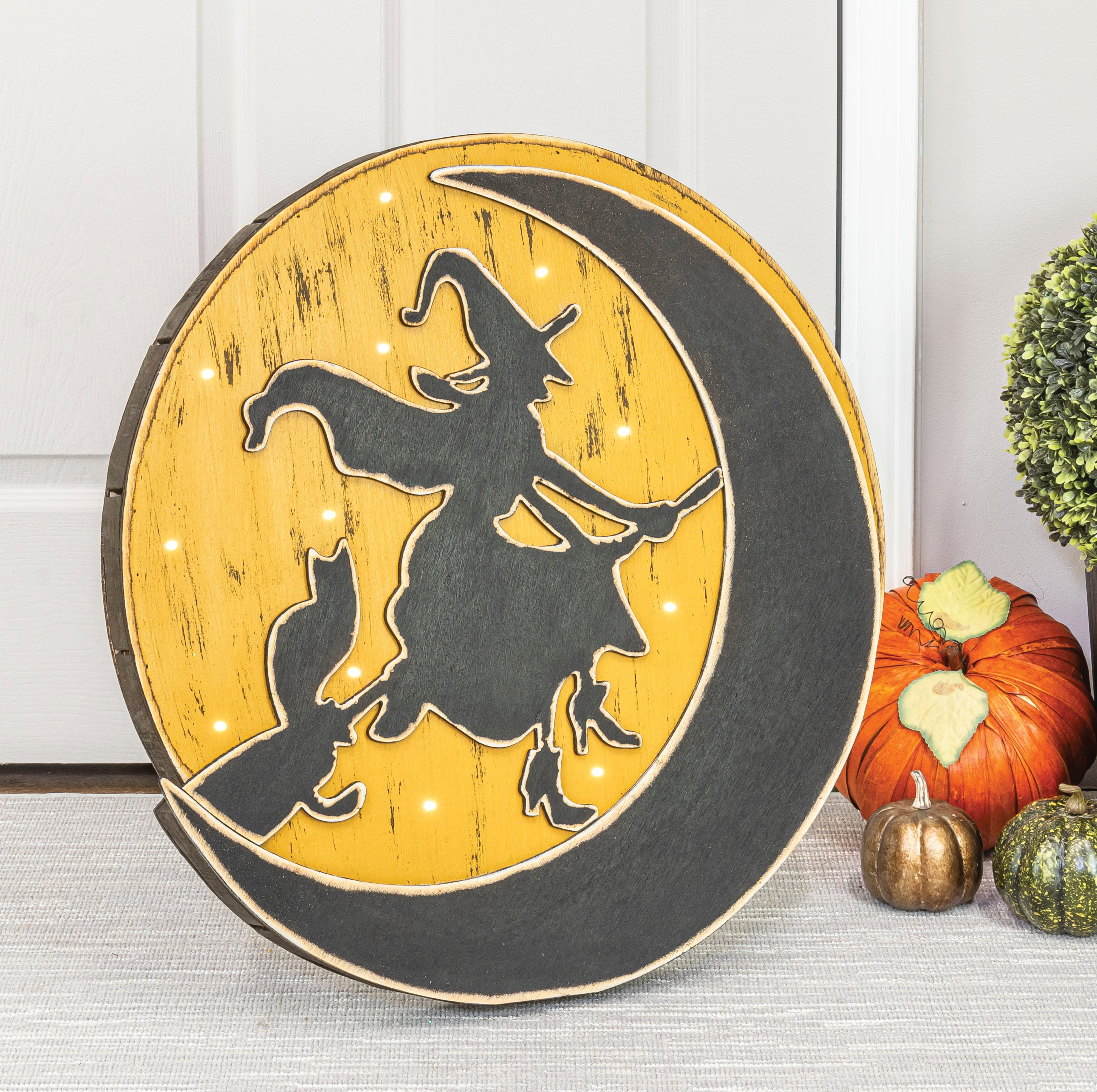 And The Witch Flew Over The Moon Light-Up Wooden Easel Stander