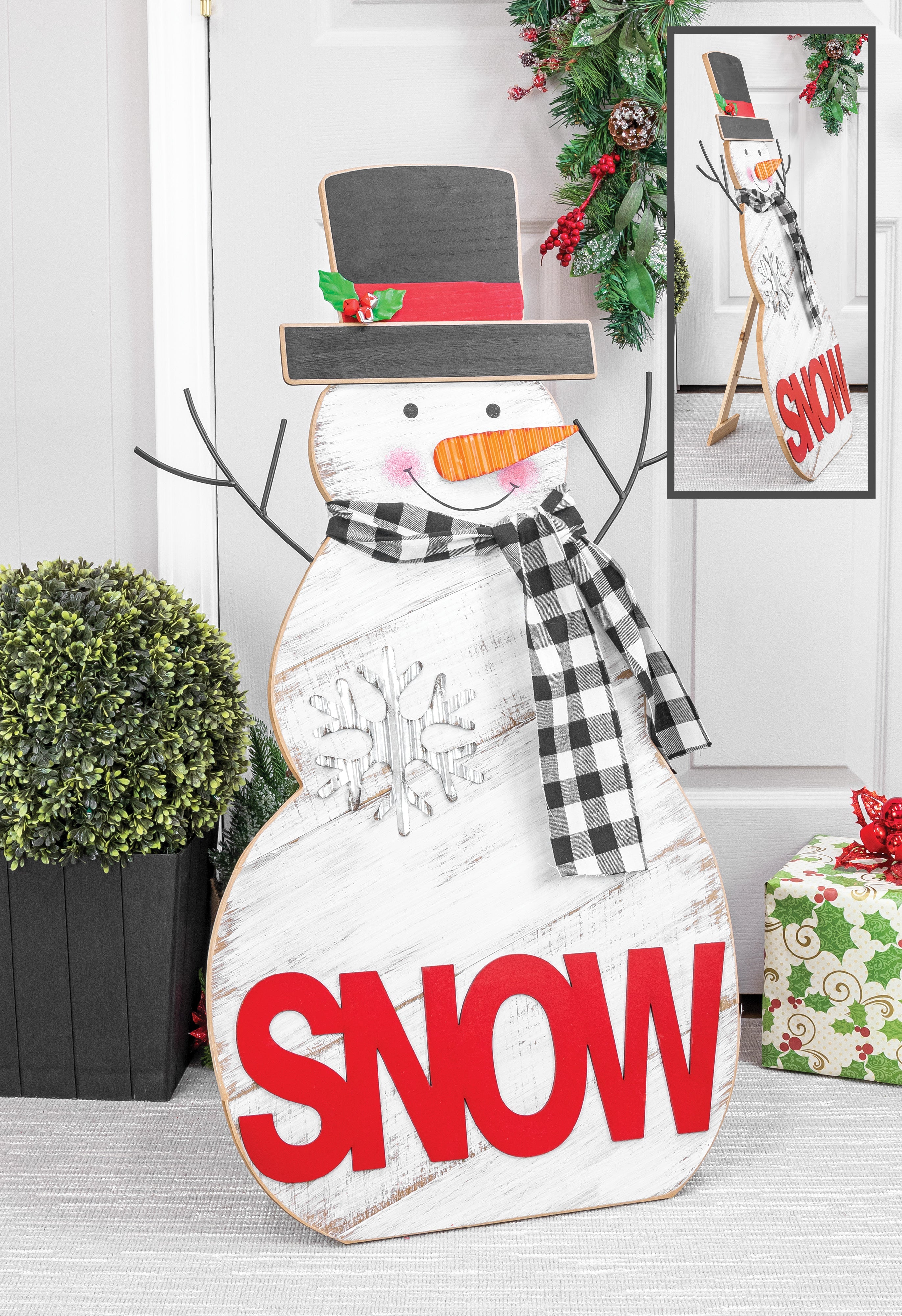 Scarved Wooden Snowman Easel Greeter