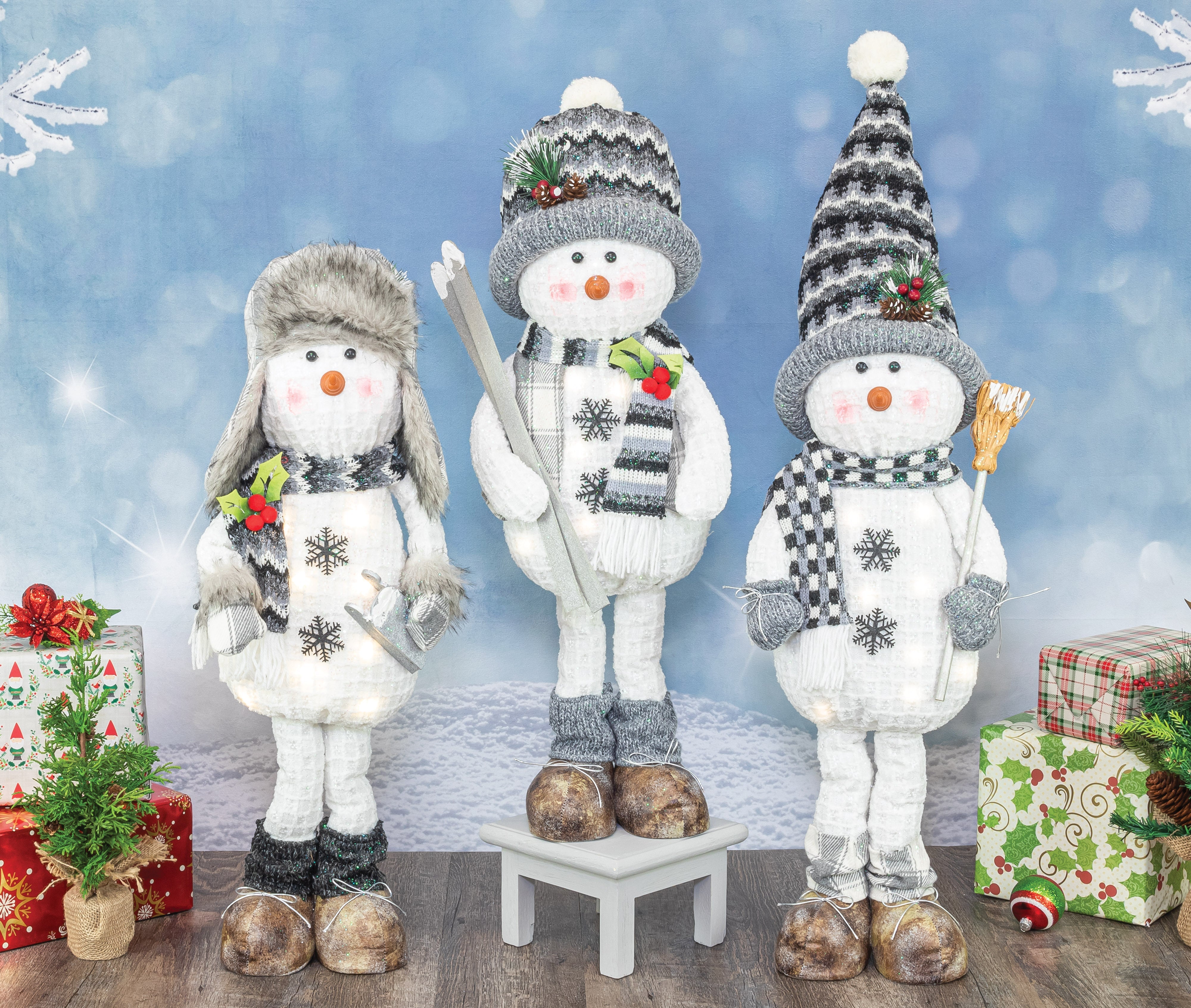 Ash Gray and Winter White Light-Up Snowman Standers Set of 3