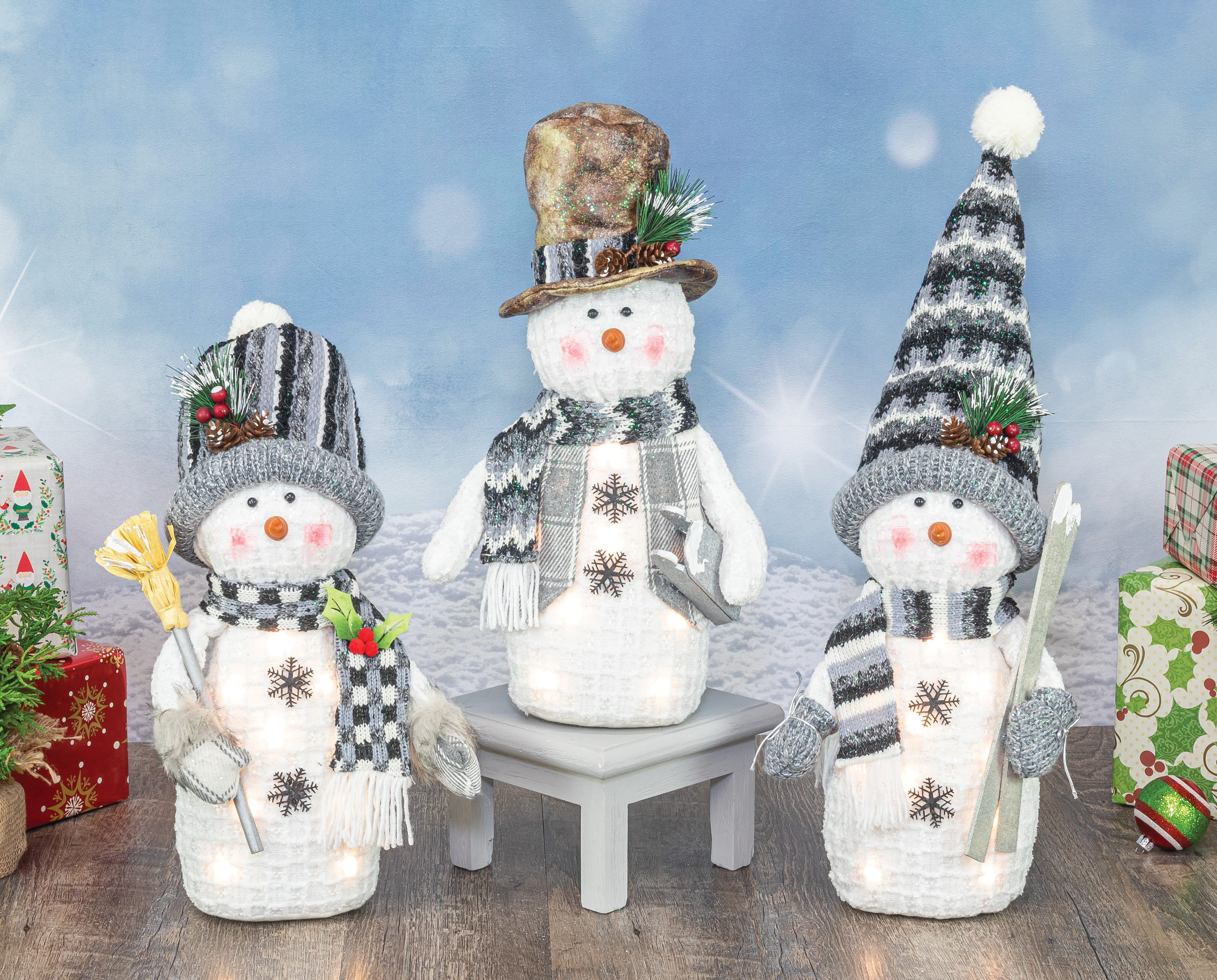 Ash Gray and Winter White Light-Up Tabletop Snowmen Set of 3