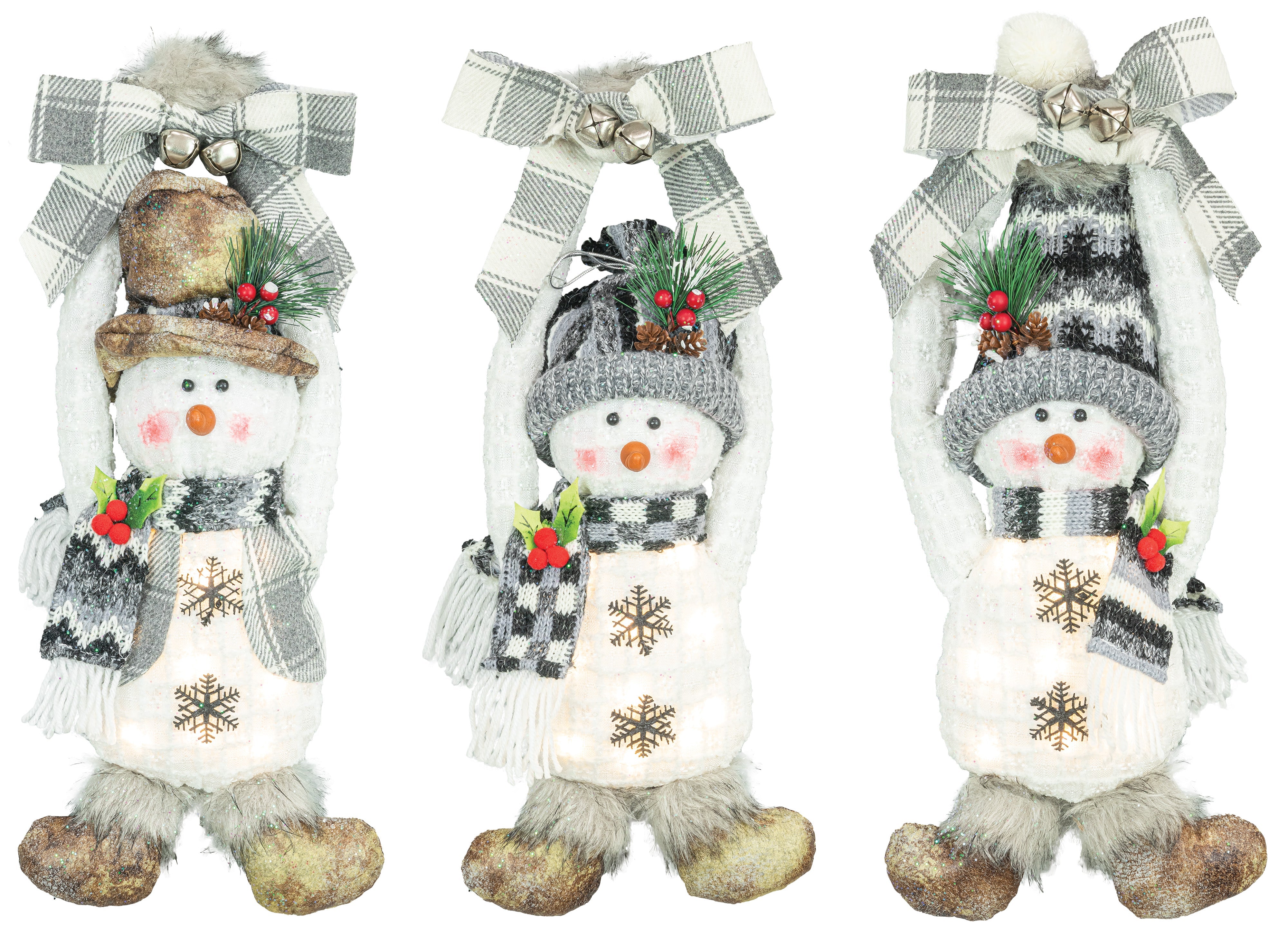 Ash Gray and Winter White Light-Up Snowman Hangers Set of 3