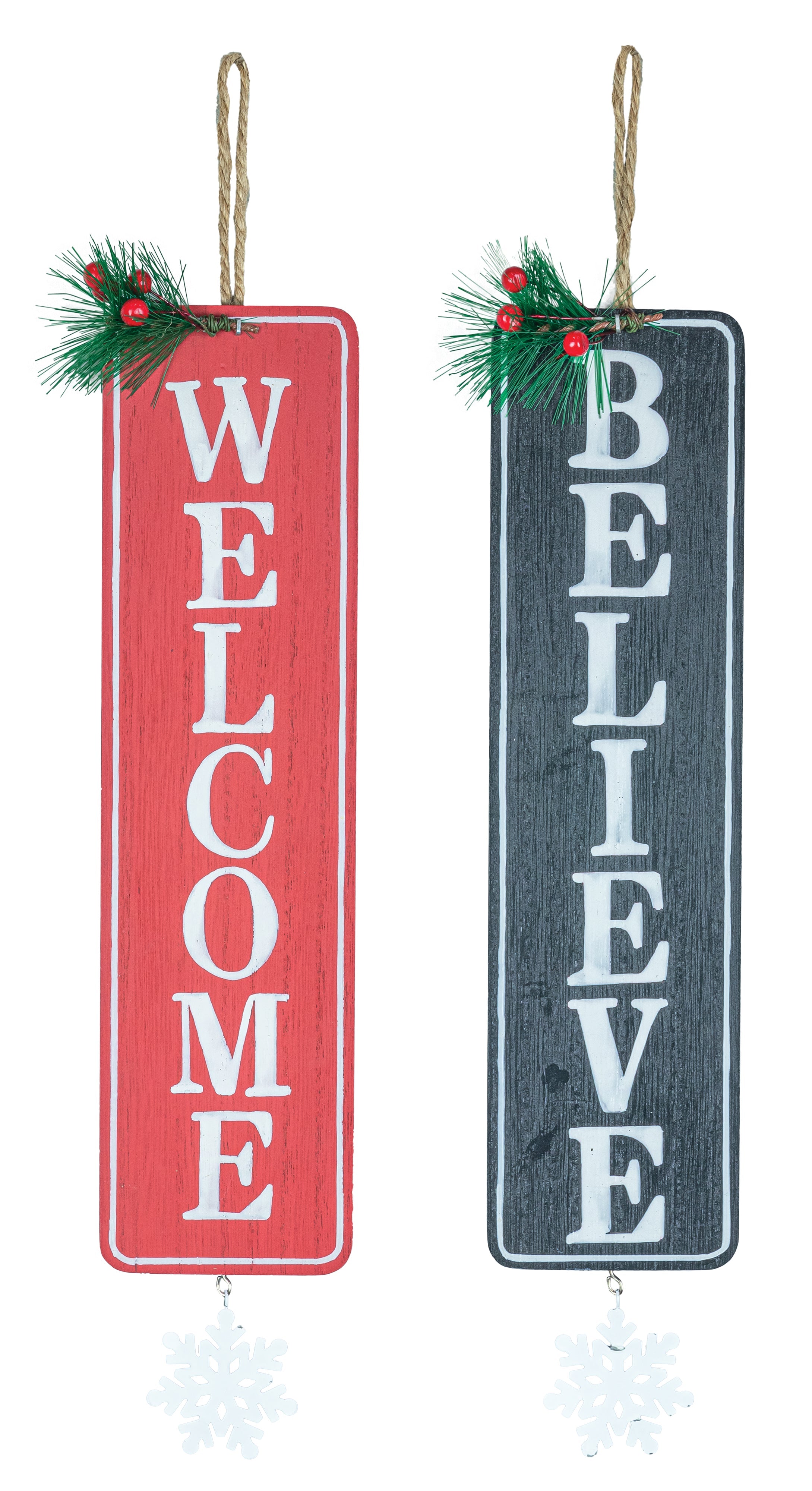 Welcome Believe Wooden Tag Hangers Set of 2