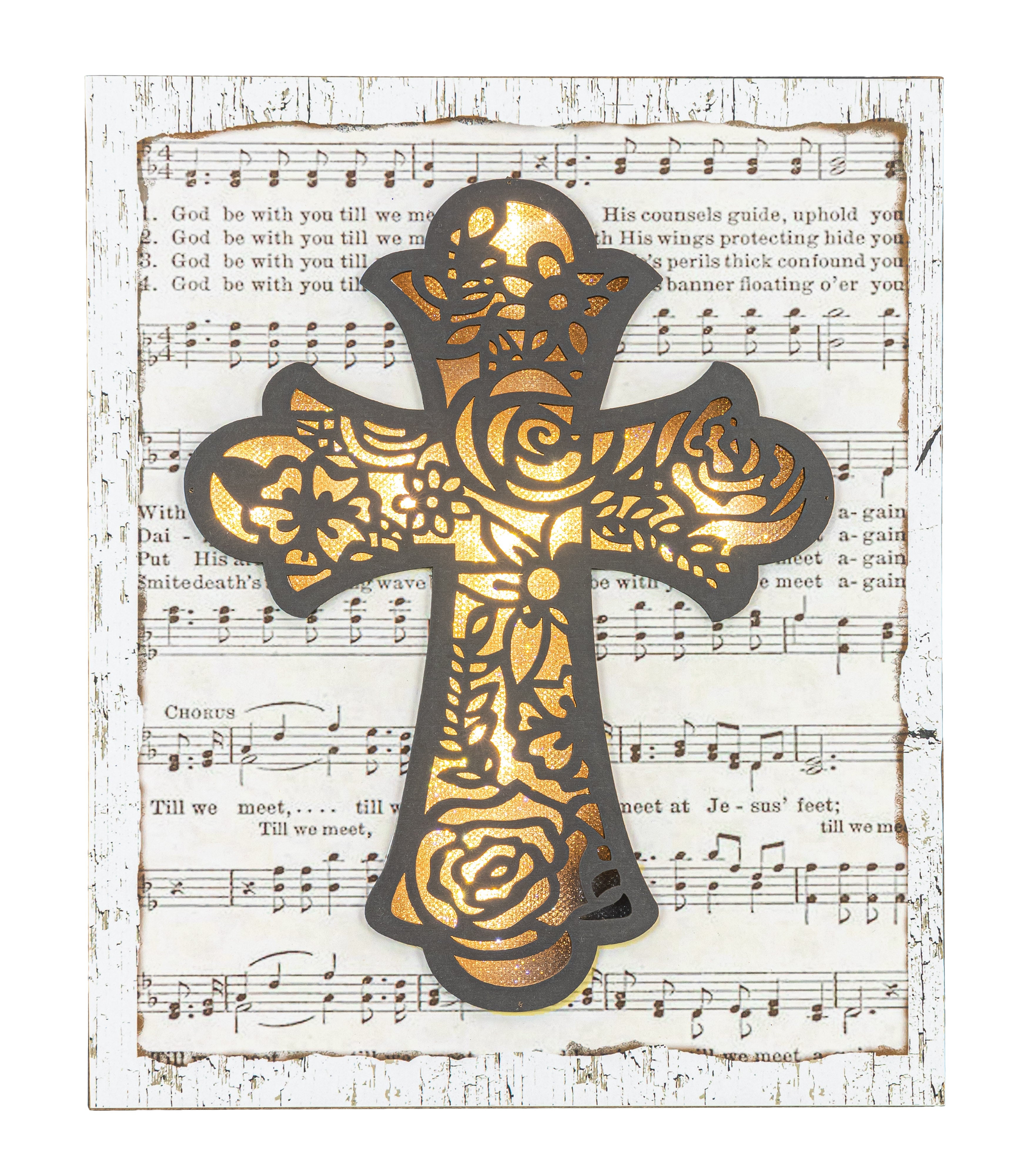 Floral Cut-Out Cross on Music Sheet with LED Sign