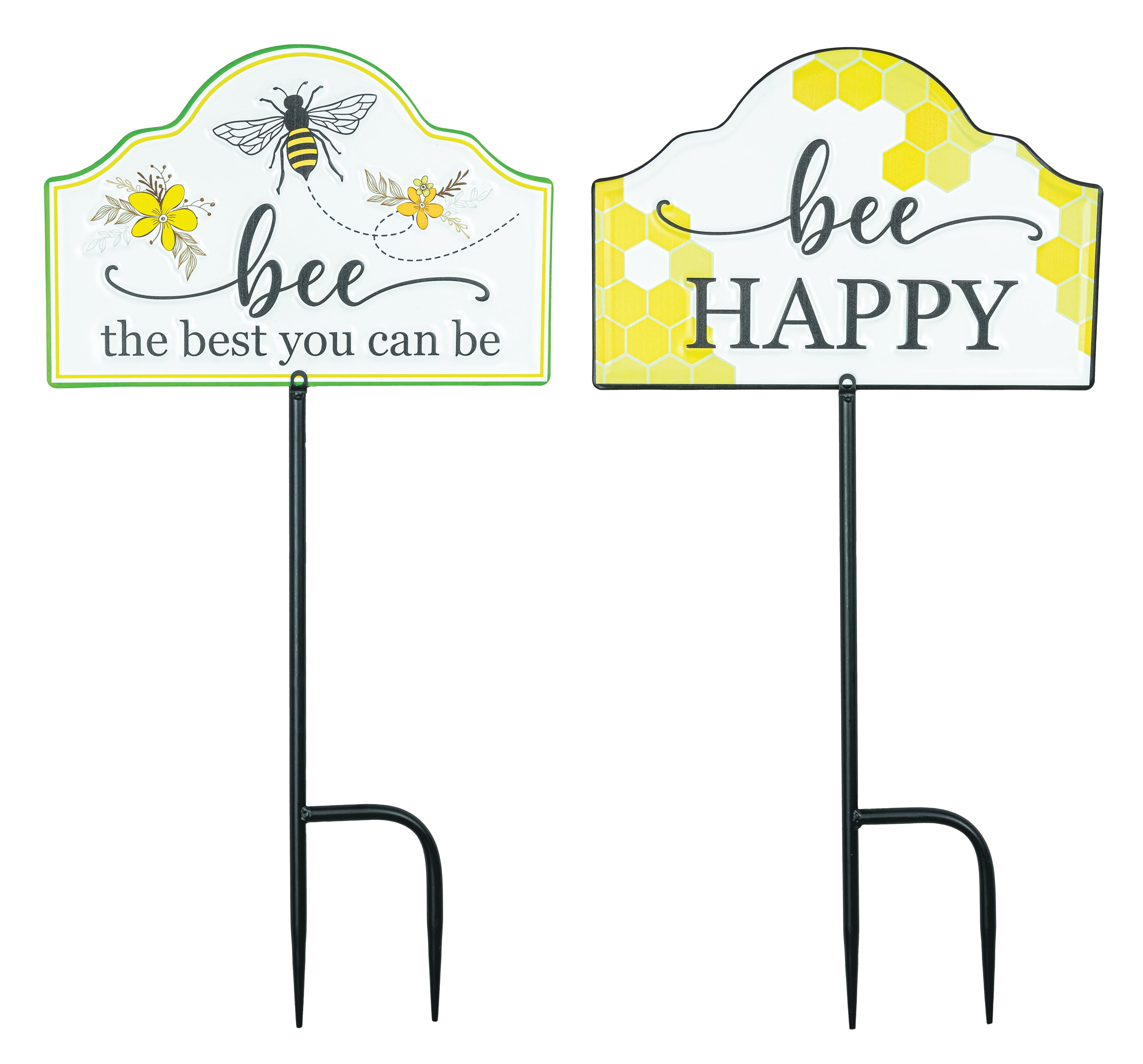 Bee Happy Enameled Metal Yard Stake Set of 2